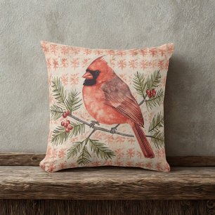 Cojín Decorativo Pájaro cardinal vintage con rama de pino