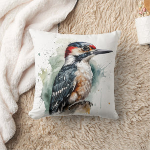 Cojín Decorativo Pájaro Carpintero Acuarela Bosque