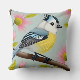 Cojín Decorativo Pájaro Colorido en Rama enmarcado con Flores