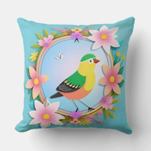 Cojín Decorativo Pájaro Colorido Rodeado de Corona de Flores