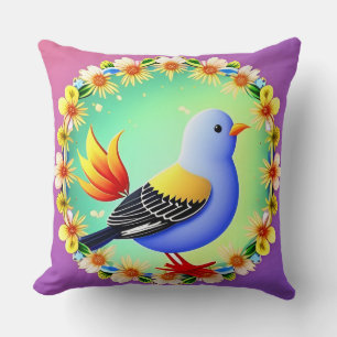 Cojín Decorativo Pájaro Colorido Rodeado de Corona de Flores