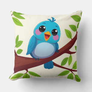 Cojín Decorativo Pájaro de dibujos animados azul feliz – Regalo de
