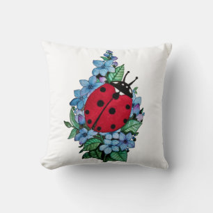 Cojín Decorativo Pájaro De Ladybird Acuarela Con Flores Salvajes Az