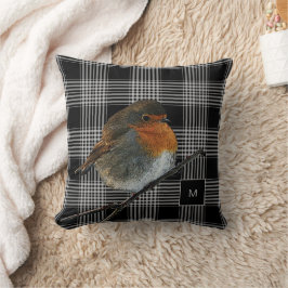 Cojín Decorativo Pájaro de robo abstracto sobre monograma de plaid