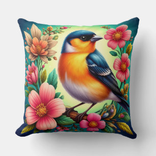 Cojín Decorativo Pájaro Encaramado Entre Flores Coloridas