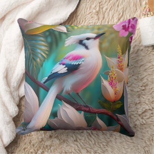 Cojín Decorativo Pájaro Fantasía de Cresta Blanca y Pecho Rosado
