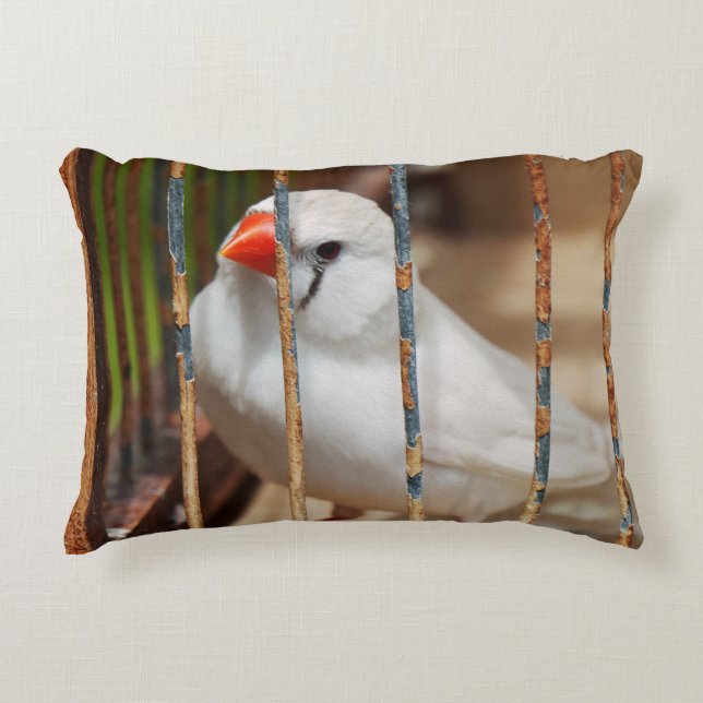 Cojín Decorativo Pájaro finco de cebra blanca en jaula (Anverso)