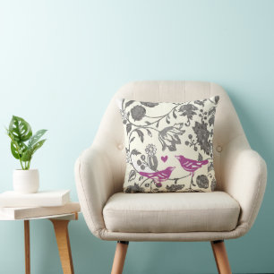 Cojín Decorativo Pájaro floral de moda radiante morado y gris vinta