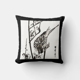 Cojín Decorativo Pájaro japonés en una rama - blanco y negro