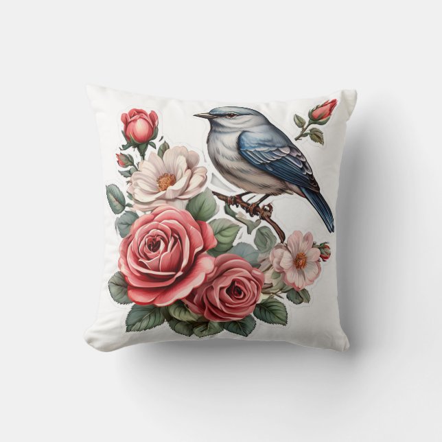 Cojín Decorativo pájaro lindo y flores (Anverso)