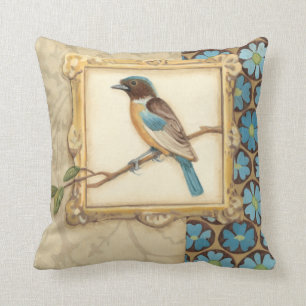 Cojín Decorativo Pájaro marrón y azul en una rama mirando hacia a