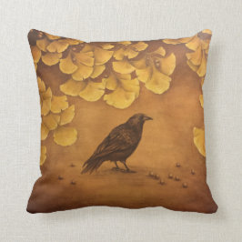 Cojín Decorativo Pájaro negro y hojas de Ginkgo doradas