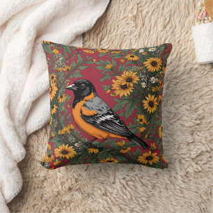 Cojín Decorativo Pájaro Oriol de Baltimore y Flores de Susan de Ojo