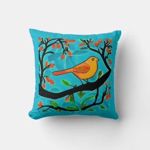 Cojín Decorativo Pájaro pequeño Naranja en una rama florida