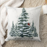 Cojín Decorativo Pájaro rojo cardenal de los pinos de invierno verd<br><div class="desc">Rústico Cojín decorativo de Navidades navideños de color pájaro verde verde pálido Pinos Rojos Cardenales. Celebra las vacaciones con este diseño simple y moderno, no fotográfico, tarjetas de color natural! Con un día nevado en una montaña con pinos altos, pintados en suave verde acuático y un pájaro rojo invernal en...</div>