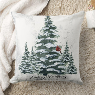 Cojín Decorativo Pájaro rojo cardenal de los pinos de invierno verd