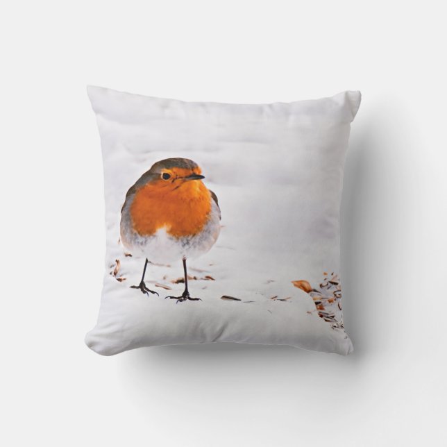 Cojín Decorativo Pájaro rojo picado nieve invierno fauna animal (Anverso)