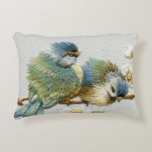 Cojín Decorativo pájaro verde azulado floral lindo del bordado de