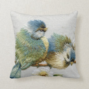 Cojín Decorativo pájaro verde azulado floral lindo del bordado de