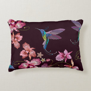 Cojín Decorativo Pájaro zumbador y flores tropicales exóticas de or
