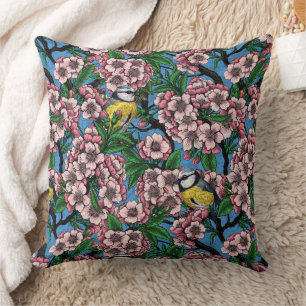 Cojín Decorativo Pájaros azules en el floreciente cerezo en azul