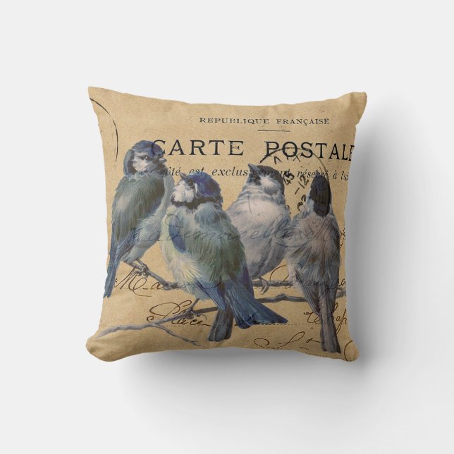 Cojín Decorativo pájaros azules, postal francesa, chic (Anverso)