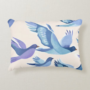 Cojín Decorativo Pájaros Azules Volando Acuarela Moderna