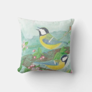 Cojín Decorativo Pájaros cantando en una rama de árbol florecida