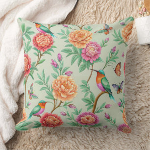 Cojín Decorativo Pájaros Cantores Coloridos Flores Naranjas Hojas V