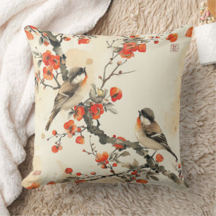 Cojín Decorativo Pájaros Cantores Orientales y Flor - Tradicional A