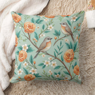 Cojín Decorativo Pájaros Cantores Vibrantes Flores Naranjas Hojas V