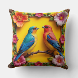 Cojín Decorativo Pájaros Cantores Vibrantes Rodeados de Marco Flora