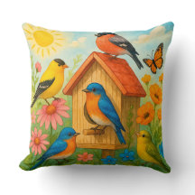 Pájaros coloridos colgando en torno a una casa de 