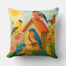 Cojín Decorativo Pájaros coloridos colgando en torno a una casa de 