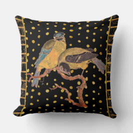 Cojín Decorativo Pájaros con puntos de polka de oro negro