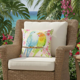 Cojín Decorativo Pájaros de amor acuarela con flores rosas
