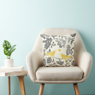 Cojín Decorativo Pájaros de amor florales vintage marfil y gris ama