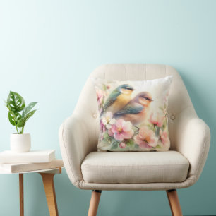Cojín Decorativo Pájaros de Amor Pastel de Primavera Flores Florale