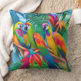 Cojín Decorativo Pájaros de loro coloridos palmeras tropicales flor