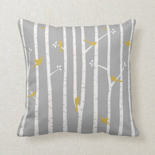 Cojín Decorativo Pájaros en amarillo del blanco gris de los árbol