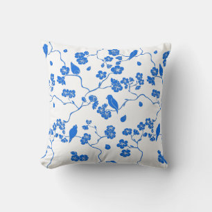 Cojín Decorativo Pájaros en Impresión Azul de Flor de Cerezo