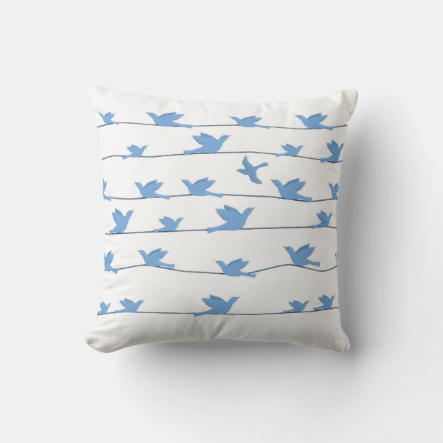Cojín Decorativo Pájaros en un alambre, silueta en azul (Anverso)