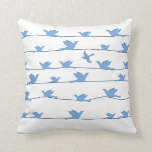 Cojín Decorativo Pájaros en un alambre, silueta en azul