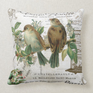 Cojín Decorativo Pájaros franceses y birdcage del vintage moderno