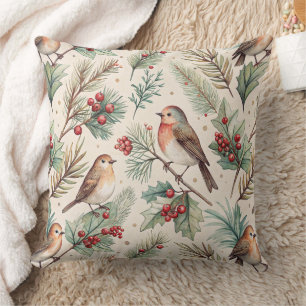 Cojín Decorativo Pájaros Navideños Antiguos - Acebo y Petirrojo
