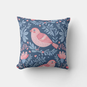 Cojín Decorativo Pájaros rosados finos en gris azul