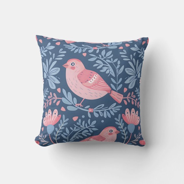 Cojín Decorativo Pájaros rosados finos en gris azul (Anverso)