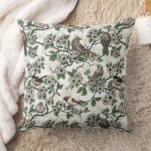 Cojín Decorativo Pájaros y flor de cerezo sobre blanco