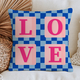 Cojín Decorativo Palabra AMOR en Patrón de Cuadros Estética Dopamin
