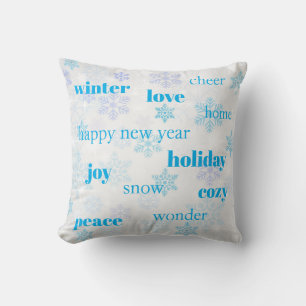 Cojín Decorativo Palabras de Navidad Tipografía Copos de nieve azul